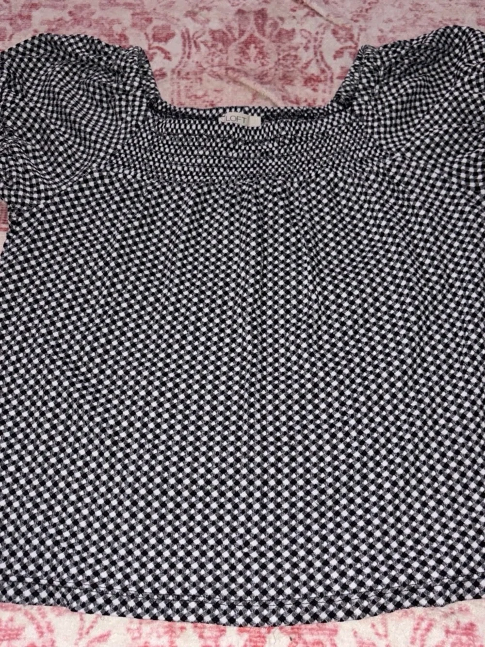 LOFT Black and White Gingham Smocked Square-Neck Top